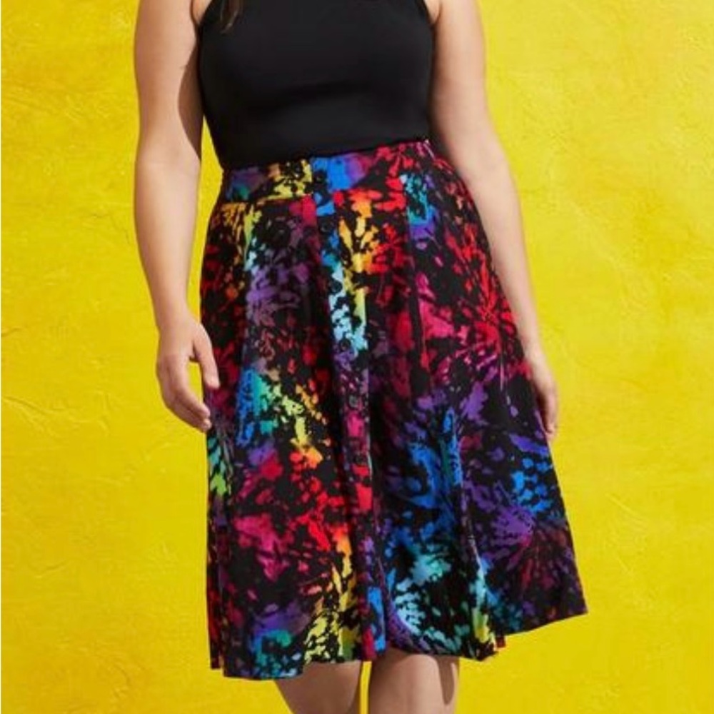 Torrid Midi Challis Tie Dye Skirt, Black Multicolored, Size 1X (14W-16W)